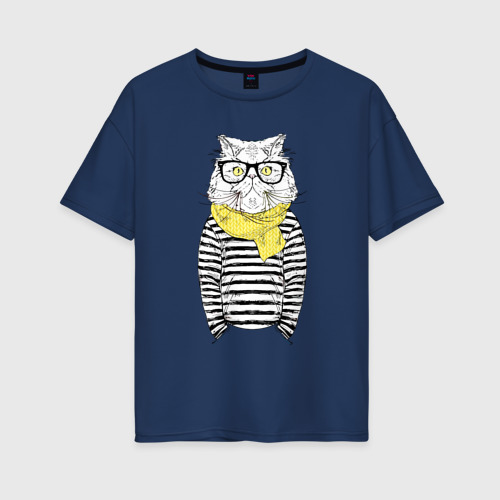 Женская футболка oversize с принтом Hipster Cat, вид спереди #2