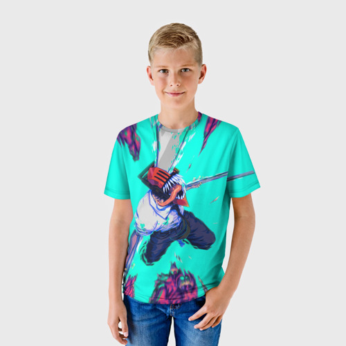 Детская 3D футболка с принтом ЧЕЛОВЕК БЕНЗОПИЛА ДЕНДЖИ, фото на моделе #1