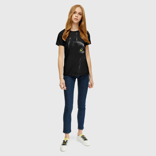 Женская 3D футболка с принтом Черный кот, вид сбоку #3