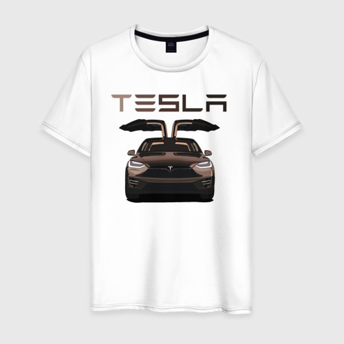 Мужская футболка хлопок с принтом Tesla model X Skylik, вид спереди #2