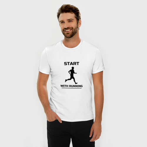 Мужская футболка хлопок Slim с принтом Начни с бега, фото на моделе #1