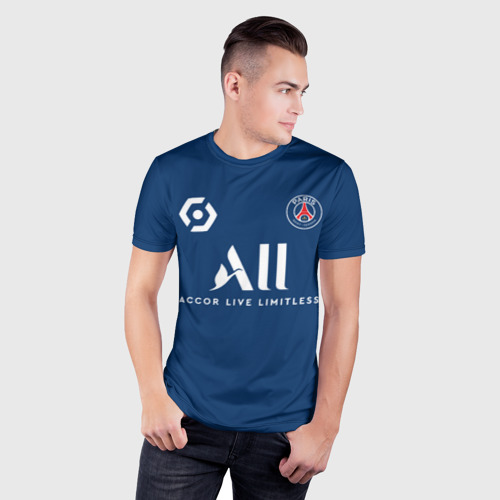 Мужская футболка 3D Slim с принтом Месси форма ПСЖ 2021-2022, фото на моделе #1