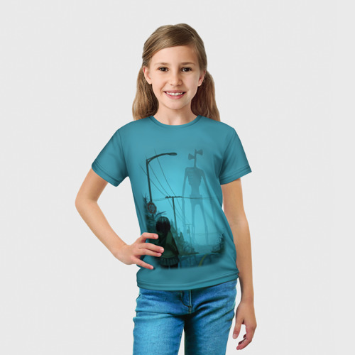 Детская 3D футболка с принтом СИРЕНОГОЛОВЫЙ И ДЕВОЧКА, вид сбоку #3