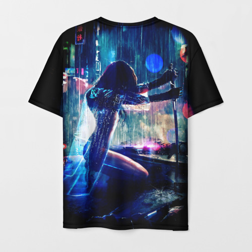 Мужская футболка 3D с принтом Cyberpunk девушка с катаной, вид сзади #1