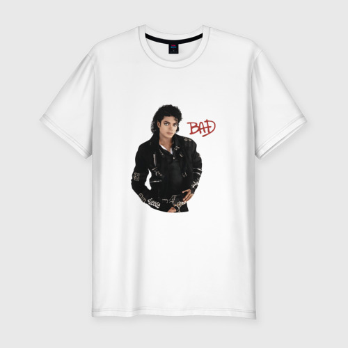 Мужская футболка хлопок Slim с принтом BAD Майкл Джексон, вид спереди #2