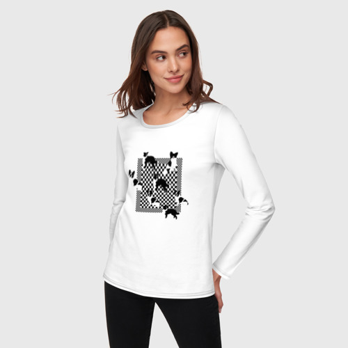Женский лонгслив хлопок с принтом Черно-белые собачки, фото на моделе #1