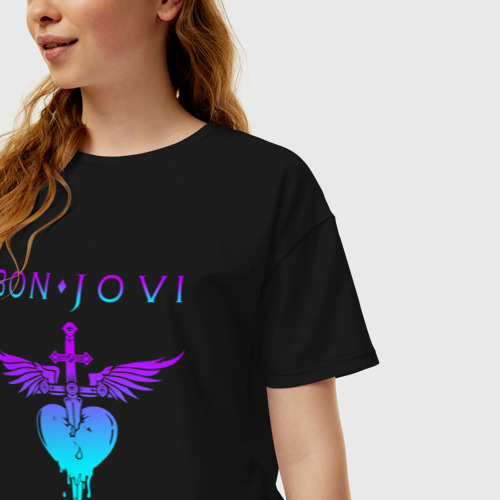 Женская футболка хлопок Oversize с принтом Bon Jovi neon logo heart, фото на моделе #1