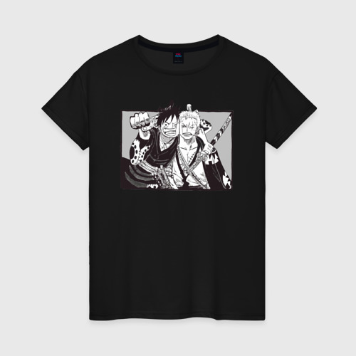 Женская футболка хлопок с принтом Луффи и Зоро вместе, вид спереди #2