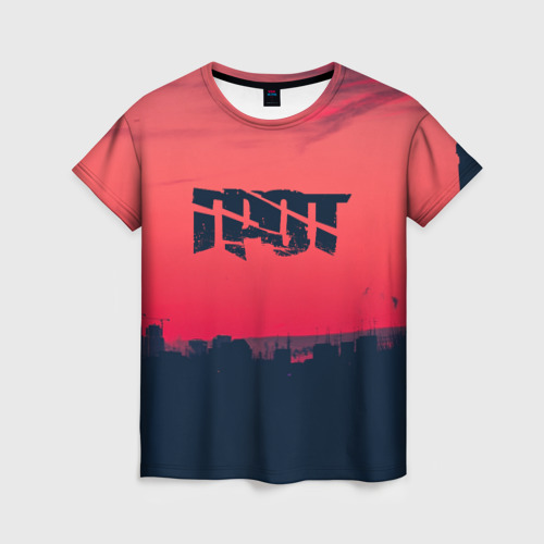 Женская футболка 3D с принтом ГРОТ лого на фоне заката, вид спереди #2