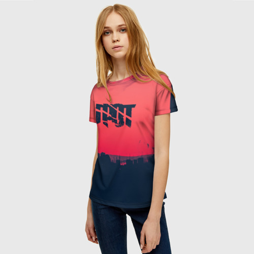 Женская футболка 3D с принтом ГРОТ лого на фоне заката, фото на моделе #1