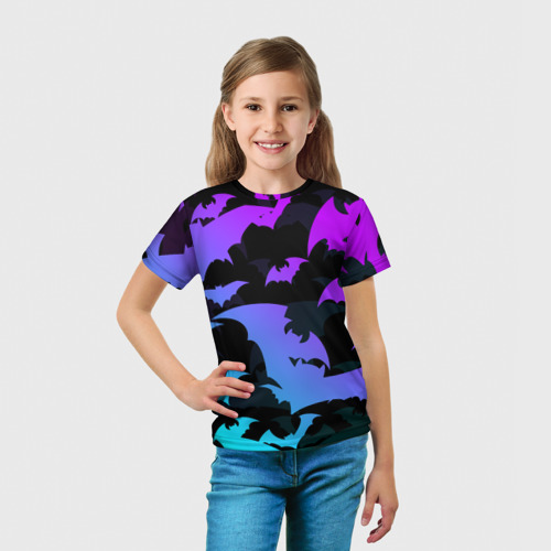 Детская футболка 3D с принтом Летучие мыши хеллоуин неон halloween neon, вид сбоку #3
