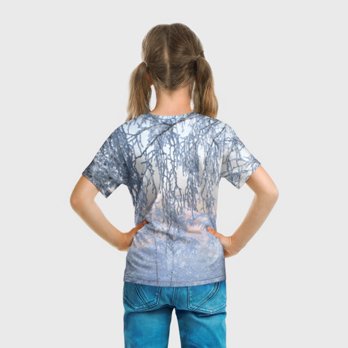 Детская футболка 3D с принтом Хаски В Зимнем Лесу, вид сзади #2