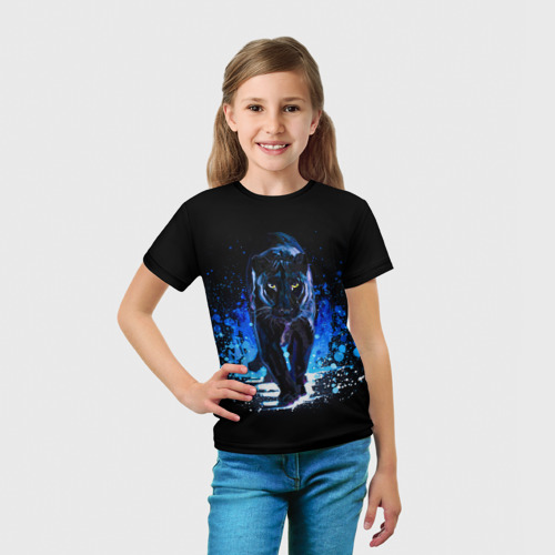 Детская футболка 3D с принтом Черная пантера пятна краски, вид сбоку #3