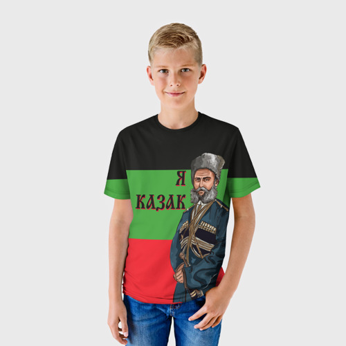 Детская футболка 3D с принтом Казак 19в на фоне флага ТерскКаз, фото на моделе #1