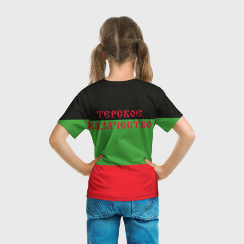 Детская футболка 3D с принтом Казак 19в на фоне флага ТерскКаз, вид сзади #2