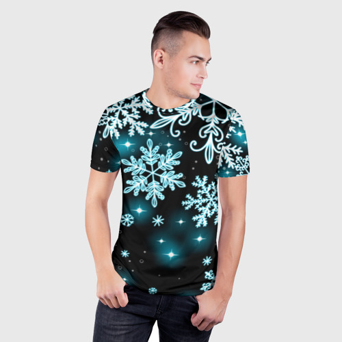 Мужская футболка 3D Slim с принтом Космические снежинки, фото на моделе #1