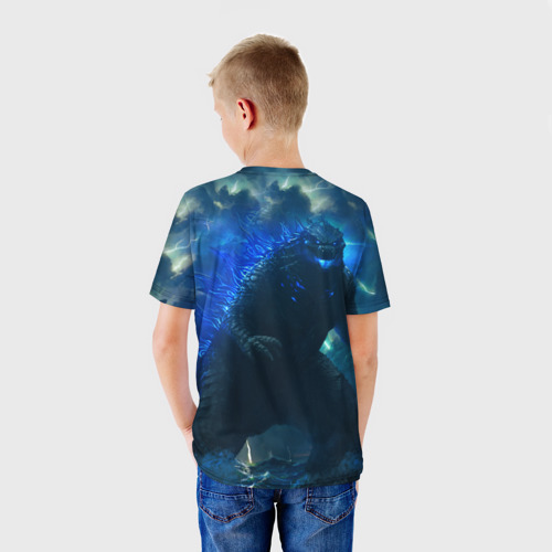 Детская футболка 3D с принтом Годзилла в море, вид сзади #2
