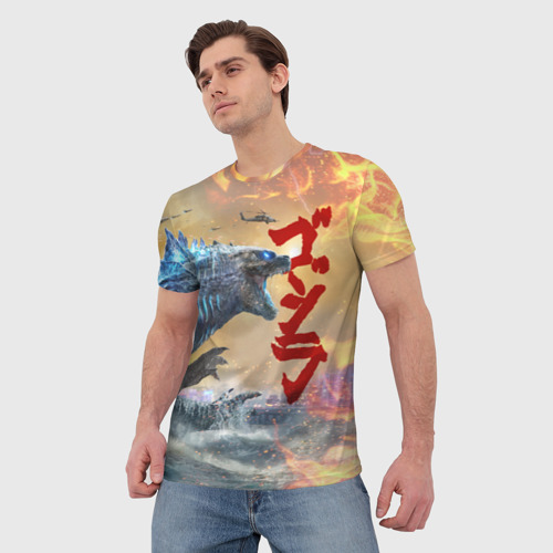 Мужская футболка 3D с принтом Годзилла атакует!, фото на моделе #1