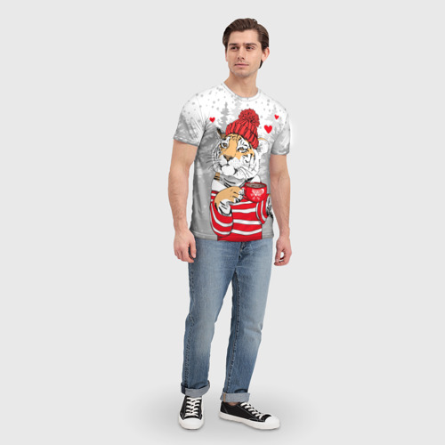 Мужская 3D футболка с принтом Тигр с чашкой кофе, вид сбоку #3