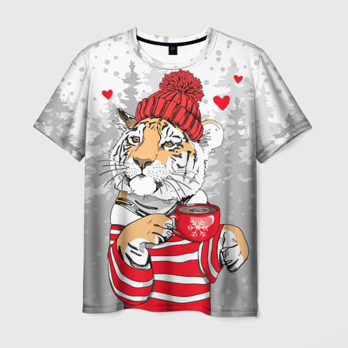 Мужская 3D футболка с принтом Тигр с чашкой кофе, вид спереди #2