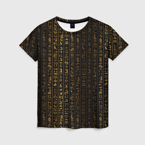 Женская футболка 3D с принтом Египетские иероглифы золотом, вид спереди #2