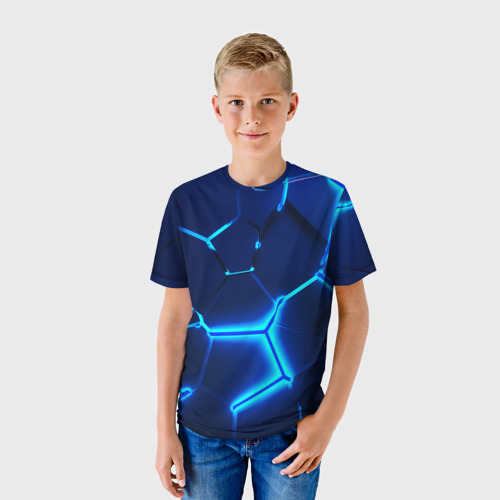 Детская футболка 3D с принтом 3D ПЛИТЫ | NEON STEEL | НЕОНОВЫЕ ПЛИТЫ, фото на моделе #1