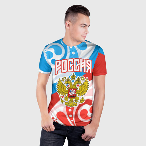 Мужская футболка 3D Slim с принтом Россия! Герб, фото на моделе #1