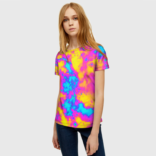 Женская футболка 3D с принтом Яркая абстракция космических красок, фото на моделе #1