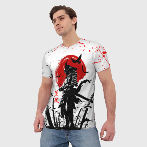 Мужская 3D футболка с принтом Ghost of Tsushima: призрак на фоне красного солнца, фото на моделе #1