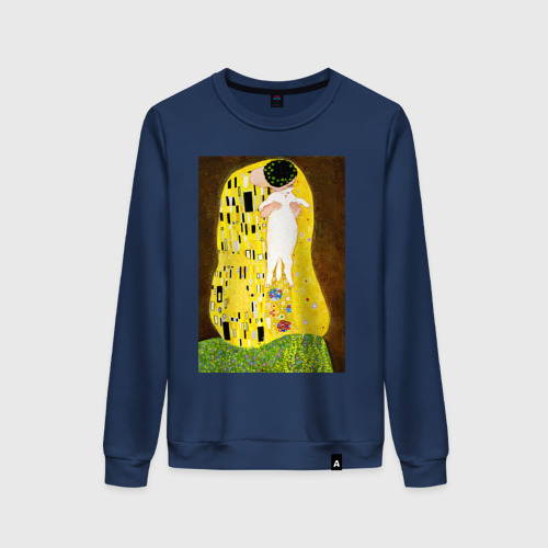 Женский свитшот хлопок с принтом Густав Климт влюблённые поцелуй с котом, вид спереди #2