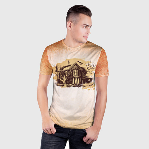 Мужская футболка 3D Slim с принтом Страшный дом, фото на моделе #1