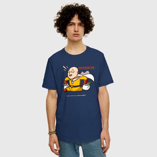Мужская футболка хлопок Oversize с принтом Счастливый Сайтама с пакетами продуктов | One Punch-Man, фото на моделе #1