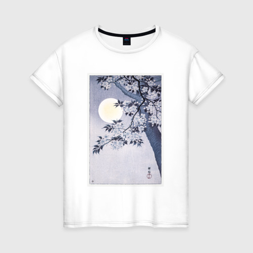Женская футболка хлопок с принтом Охара Косон Цветущая вишня в лунную ночь 1932, вид спереди #2