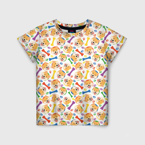 Детская футболка 3D с принтом Сиба Ину красочный дизайн, вид спереди #2