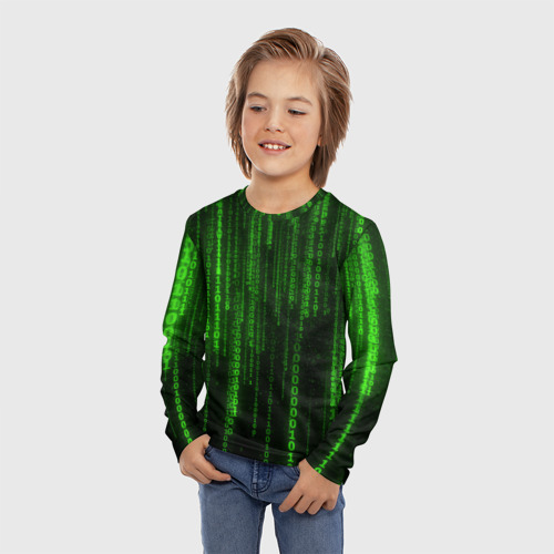 Детский лонгслив 3D с принтом Матрица двоичный код, фото на моделе #1