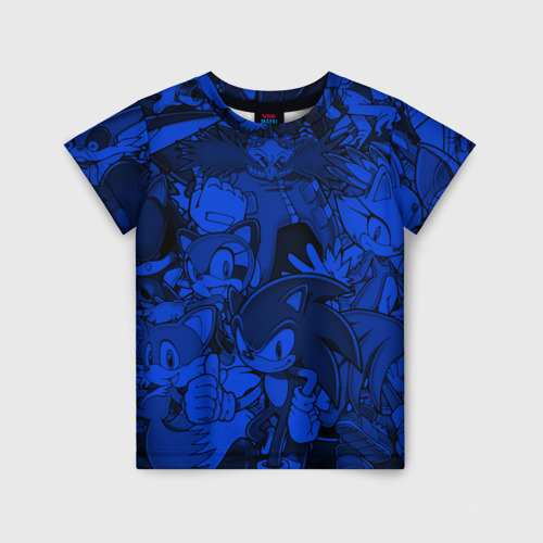 Детская футболка 3D с принтом Sonic blue pattern синий ёж, вид спереди #2