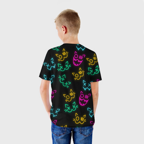 Детская футболка 3D с принтом Неоновые котики neon faces cats, вид сзади #2