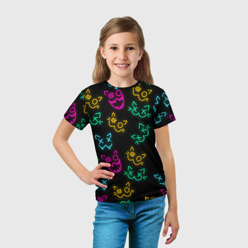 Детская футболка 3D с принтом Неоновые котики neon faces cats, вид сбоку #3