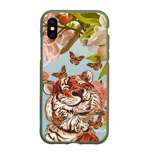 Чехол для iPhone XS Max матовый с принтом Тигр и бабочки, вид спереди #2
