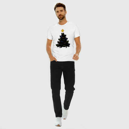 Мужская футболка хлопок Slim с принтом НовоКОТняя елка, вид сбоку #3