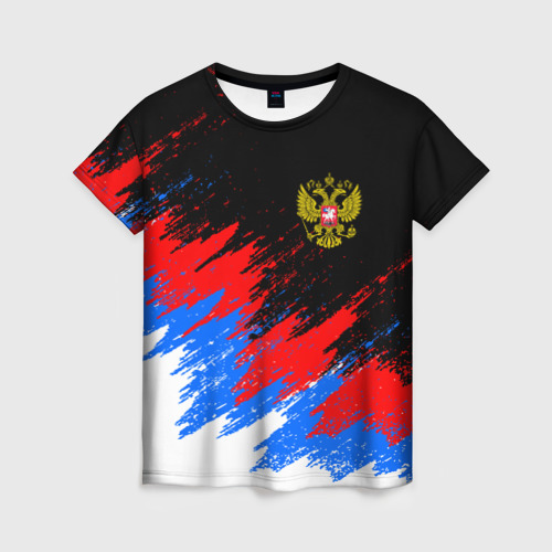 Женская 3D футболка с принтом РОССИЯ, БРЫЗГИ КРАСОК, ТРИКОЛОР, вид спереди #2