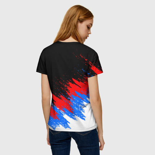 Женская 3D футболка с принтом РОССИЯ, БРЫЗГИ КРАСОК, ТРИКОЛОР, вид сзади #2