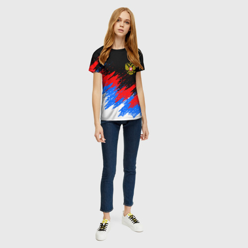 Женская 3D футболка с принтом РОССИЯ, БРЫЗГИ КРАСОК, ТРИКОЛОР, вид сбоку #3