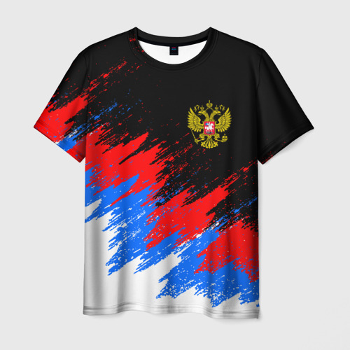Мужская футболка 3D с принтом Россия, брызги красок, триколор, вид спереди #2