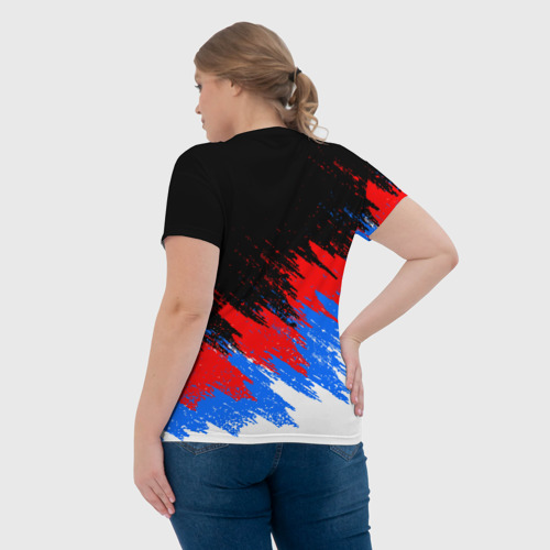 Женская футболка 3D с принтом РОССИЯ, БРЫЗГИ КРАСОК, ТРИКОЛОР, вид сзади #2