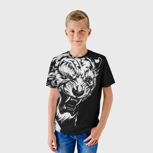 Детская футболка 3D с принтом Тигр: свирепый и кровожадный, фото на моделе #1
