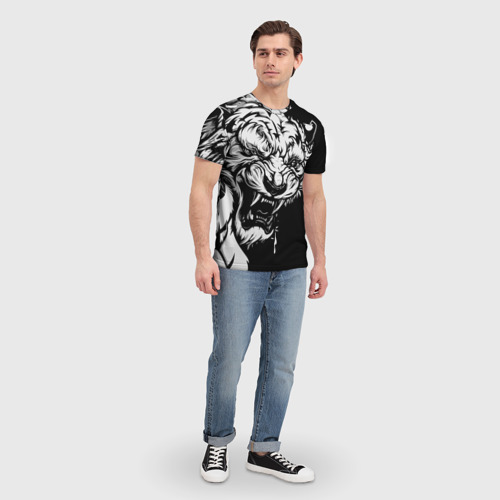 Мужская 3D футболка с принтом Тигр: свирепый и кровожадный, вид сбоку #3