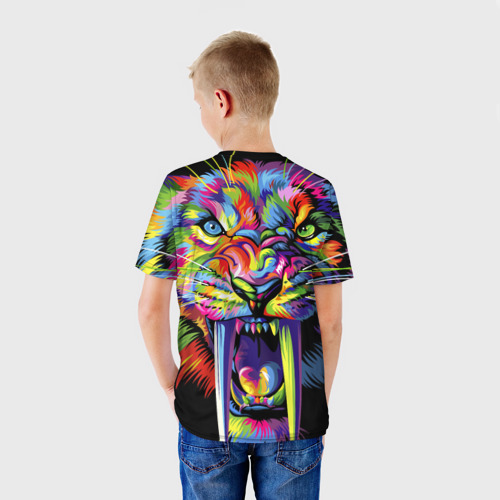 Детская футболка 3D с принтом Саблезубый тигр в стиле поп-арт, вид сзади #2