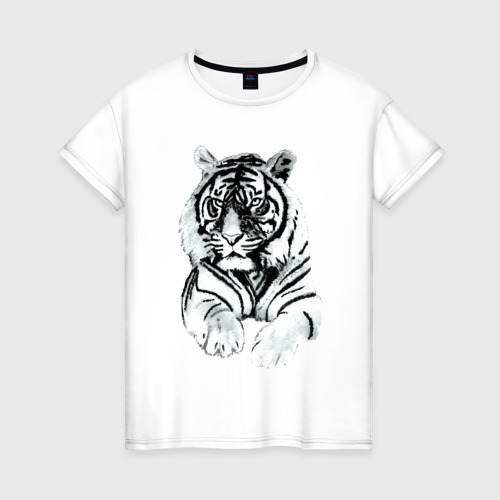 Женская футболка хлопок с принтом Тигр белый, вид спереди #2