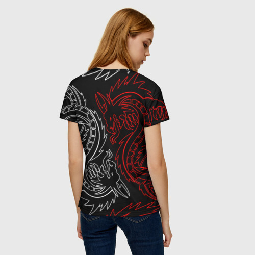 Женская футболка 3D с принтом БЕЛО КРАСНЫЙ ДРАКОН / RED WHITE DRAGON, вид сзади #2
